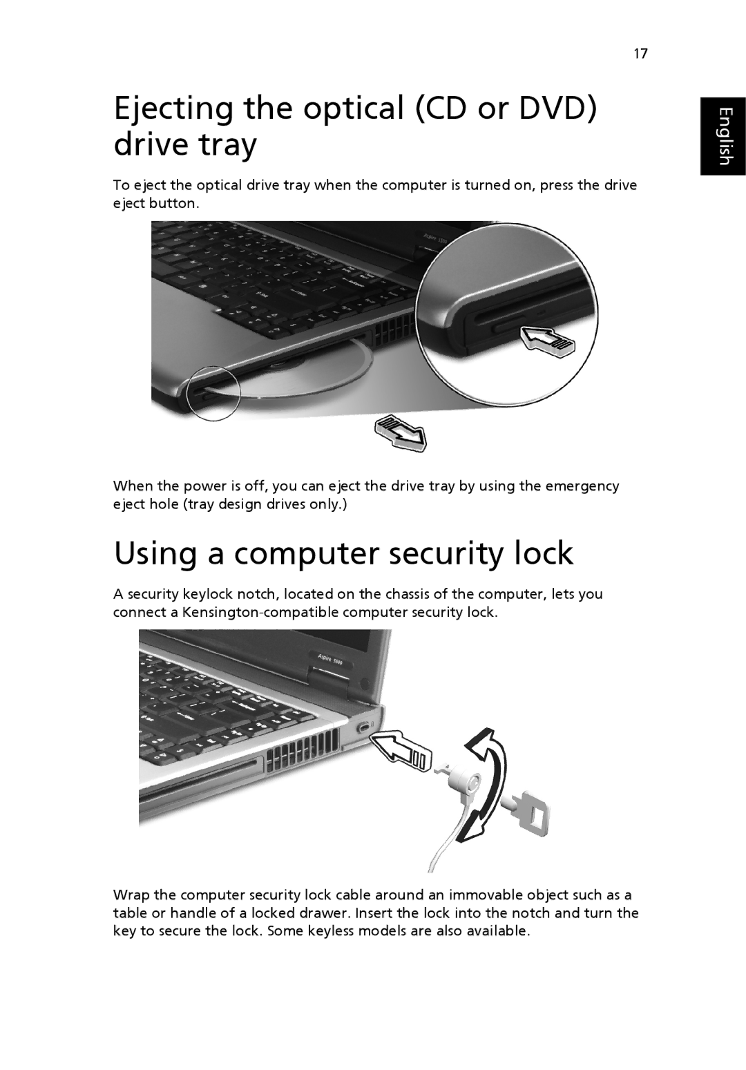 Acer EFL50 manual Ejecting the optical CD or DVD drive tray, Using a computer security lock 