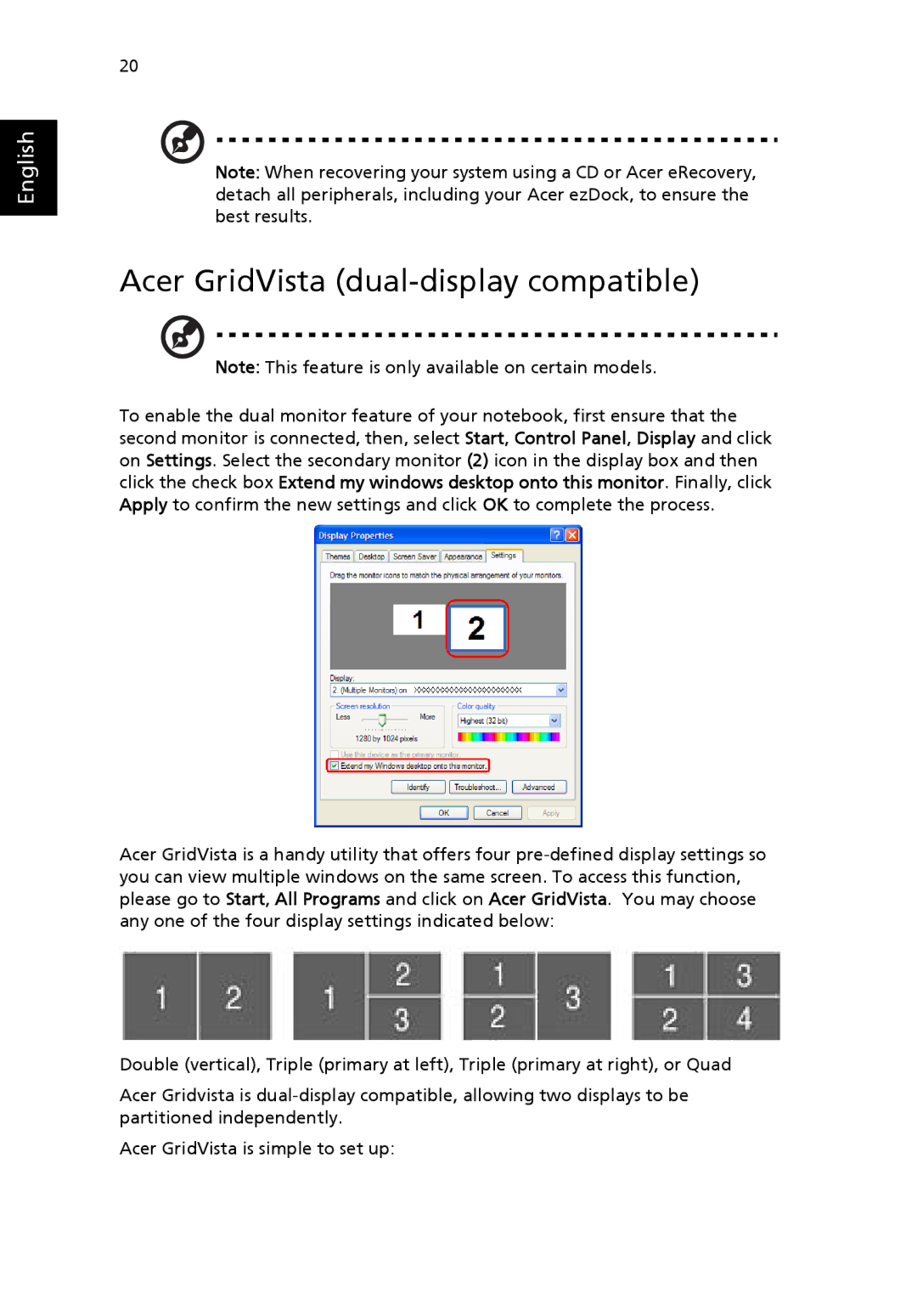 Acer EFL50 manual Acer GridVista dual-display compatible 