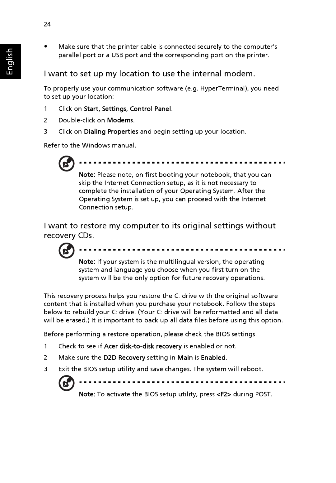 Acer EFL50 manual Want to set up my location to use the internal modem, Click on Start, Settings, Control Panel 