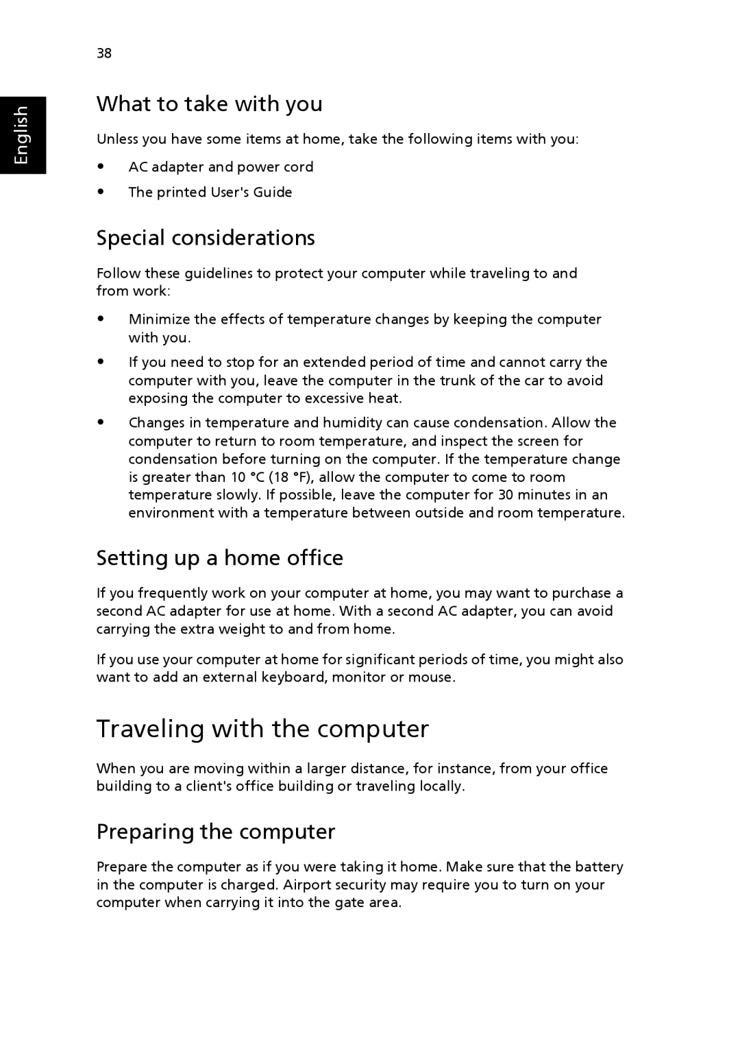 Acer EFL50 manual Traveling with the computer, What to take with you, Special considerations, Setting up a home office 