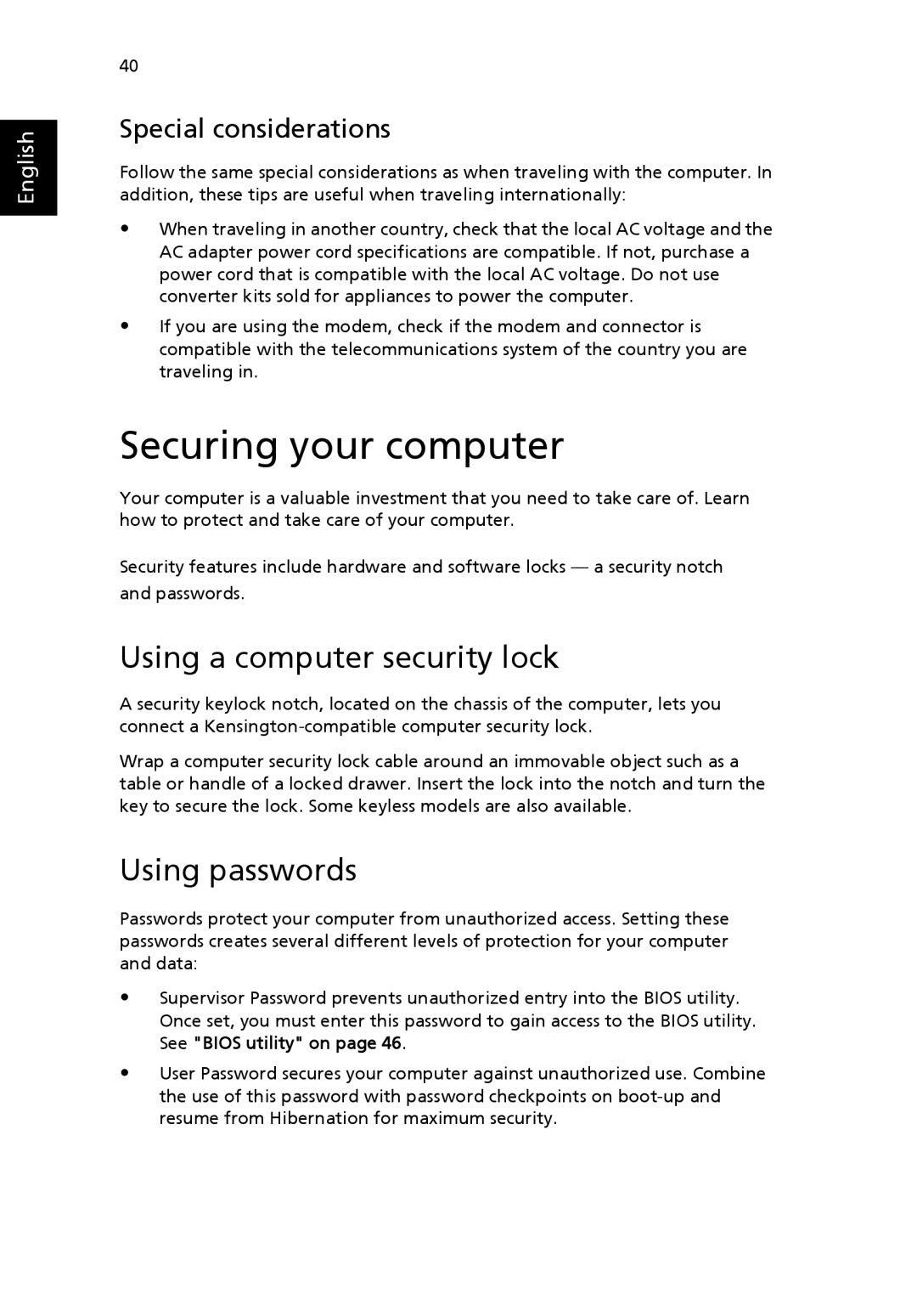 Acer EFL50 manual Securing your computer, Using a computer security lock, Using passwords 