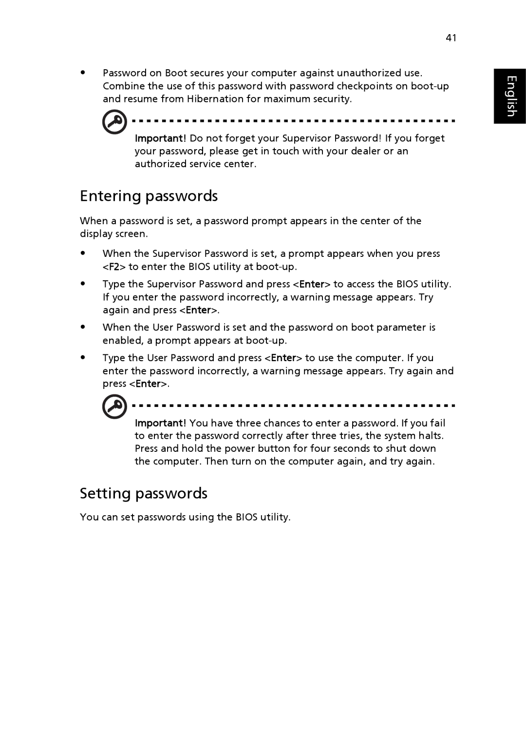 Acer EFL50 manual Entering passwords, Setting passwords 