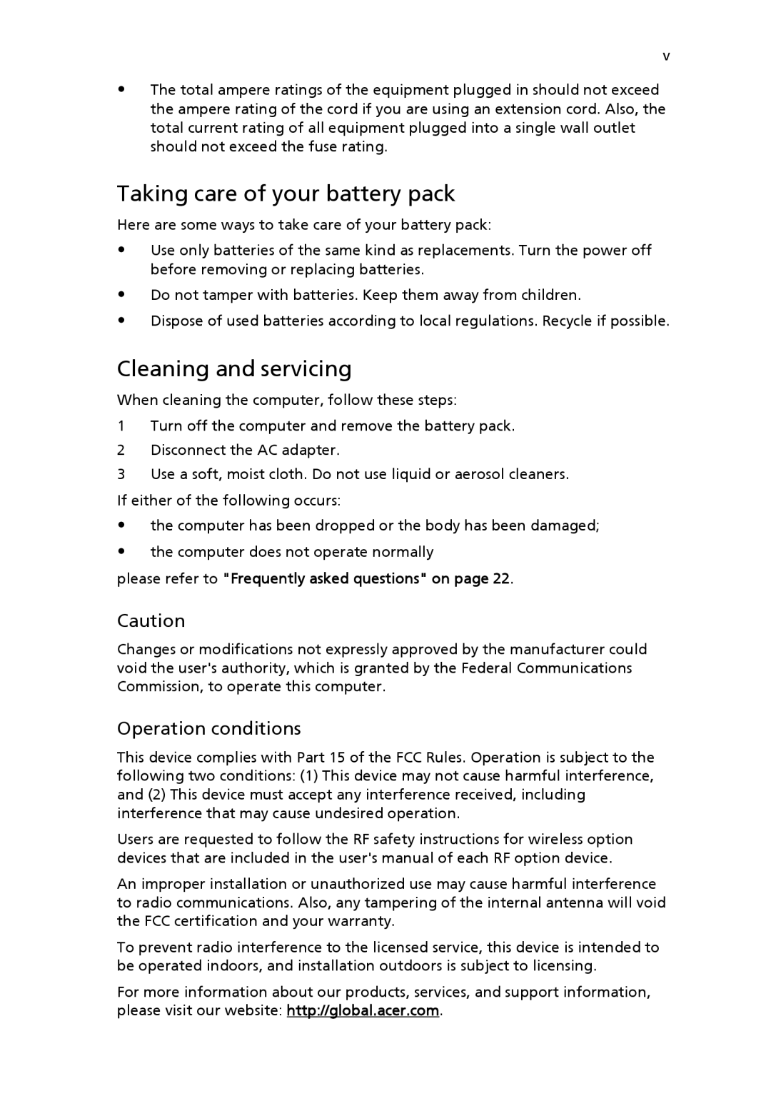 Acer EFL50 manual Taking care of your battery pack, Cleaning and servicing, Operation conditions 