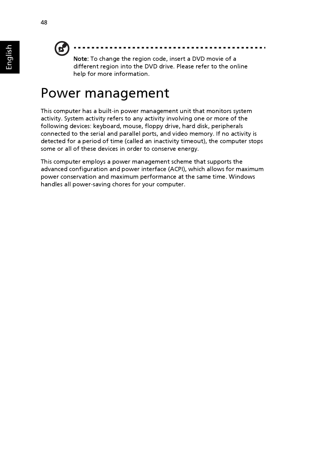 Acer EFL50 manual Power management 