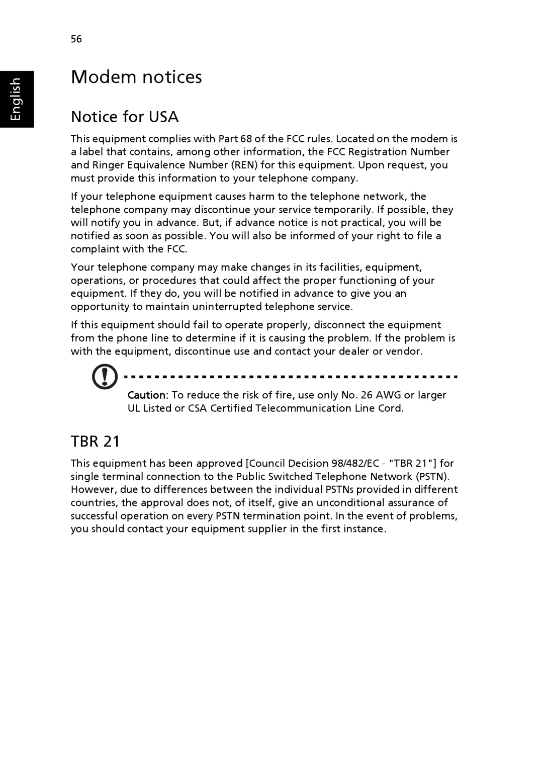 Acer EFL50 manual Modem notices, Tbr 