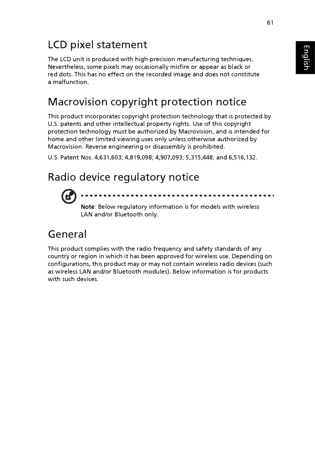 Acer EFL50 manual LCD pixel statement, Macrovision copyright protection notice, Radio device regulatory notice General 