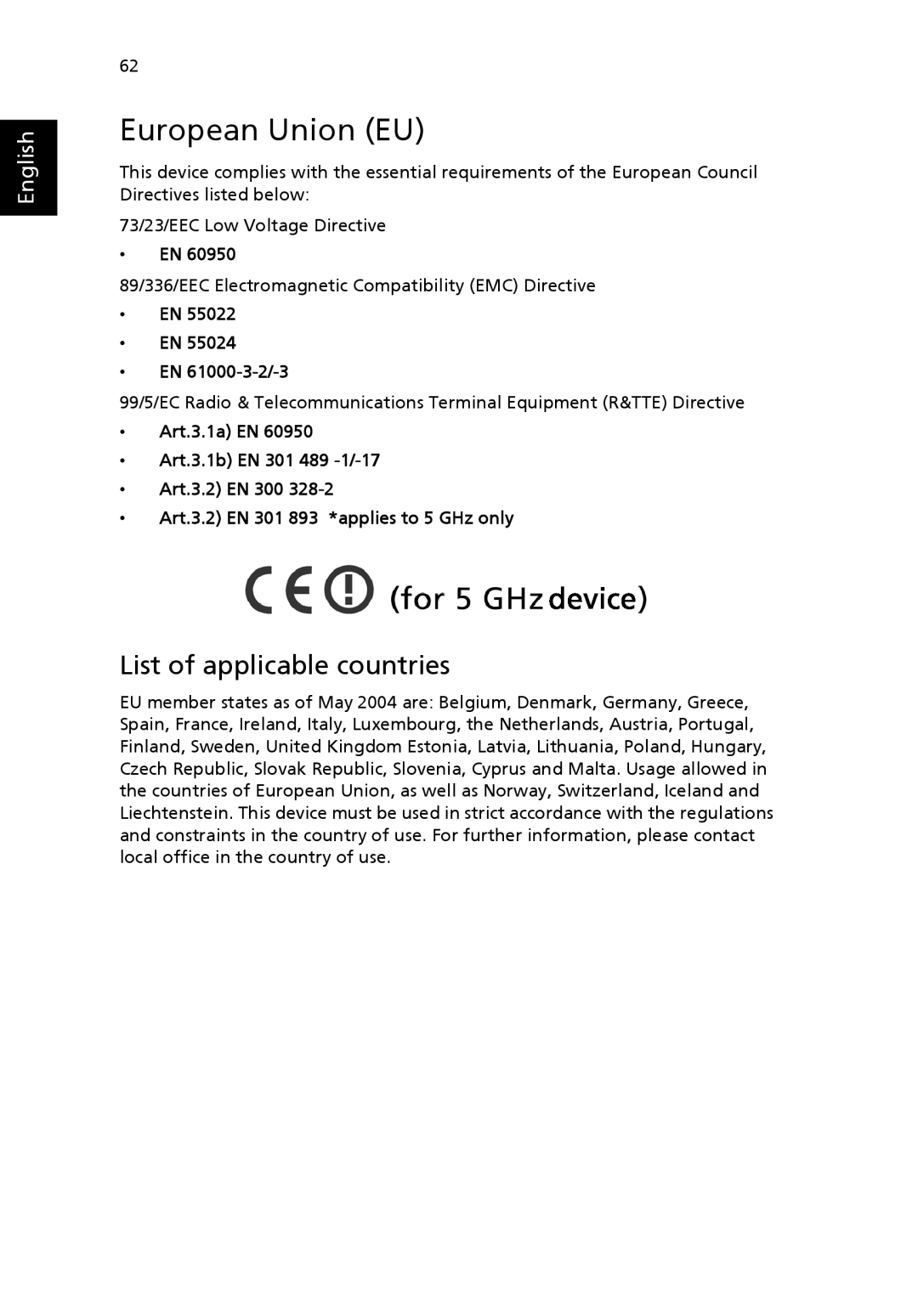 Acer EFL50 manual European Union EU, EN 61000-3-2/-3 