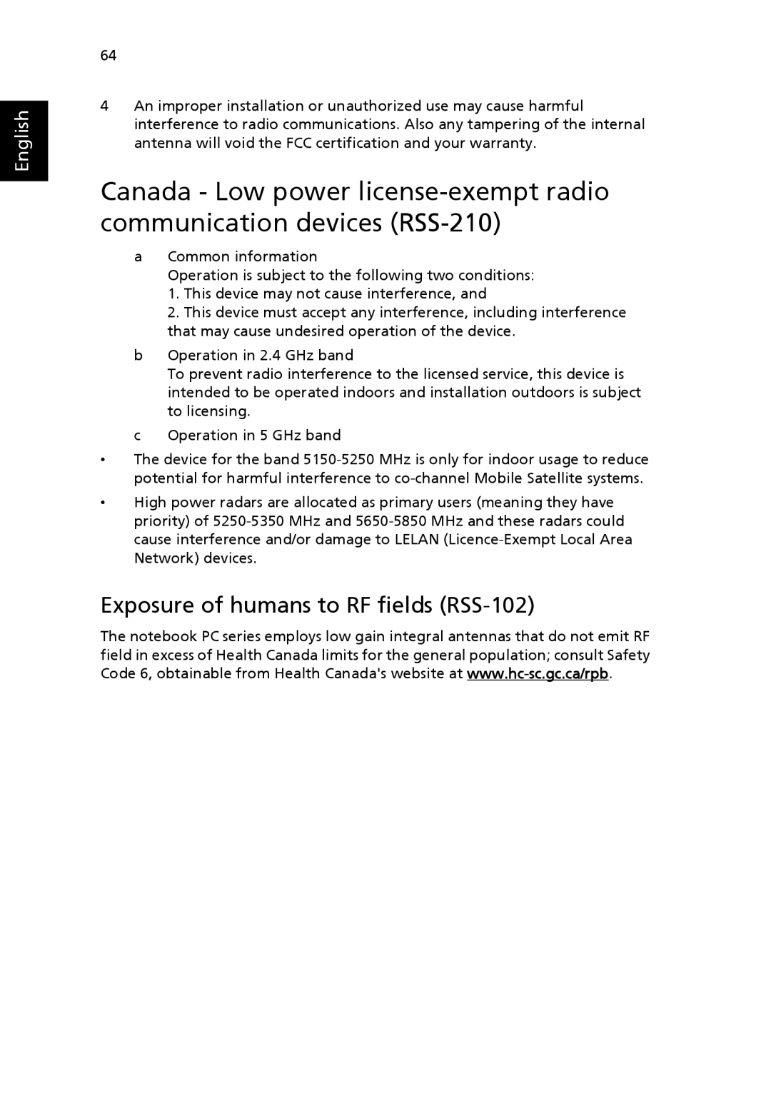 Acer EFL50 manual Exposure of humans to RF fields RSS-102 