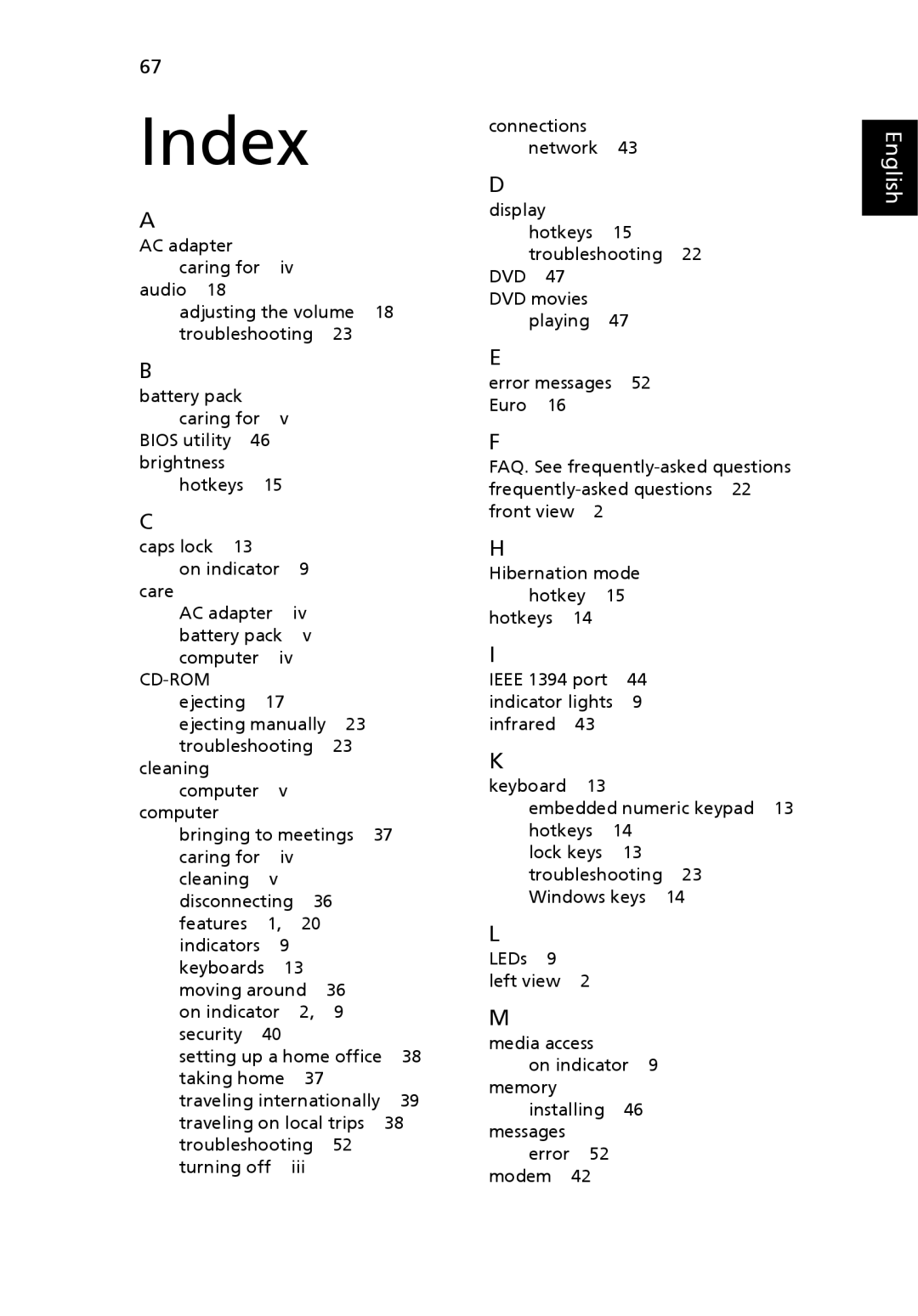 Acer EFL50 manual Index 