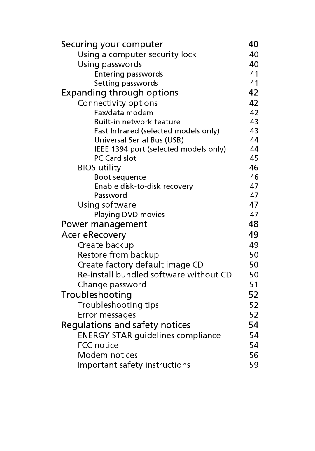 Acer EFL50 manual Securing your computer, Expanding through options, Power management Acer eRecovery, Troubleshooting 