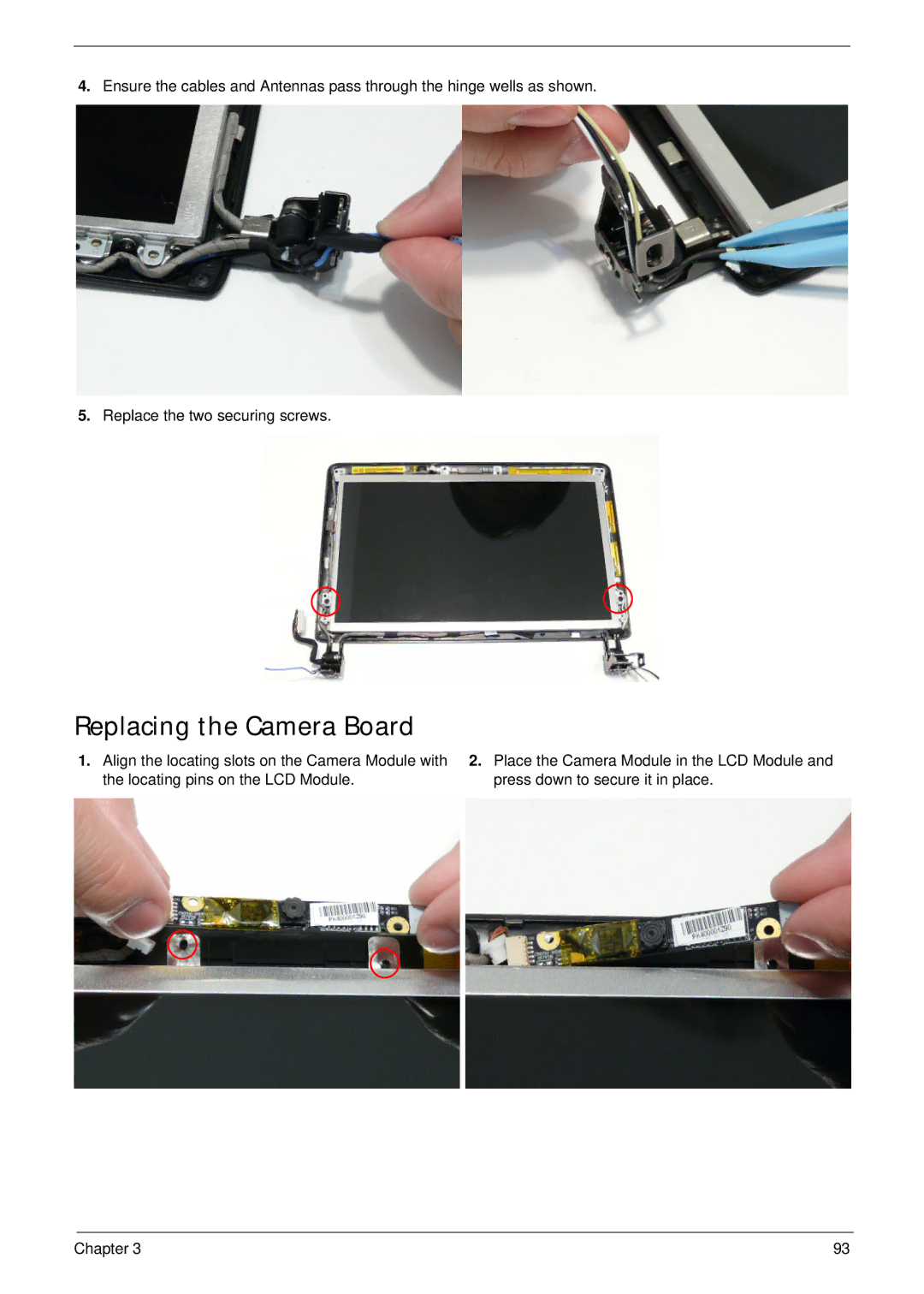 Acer EM250 manual Replacing the Camera Board 