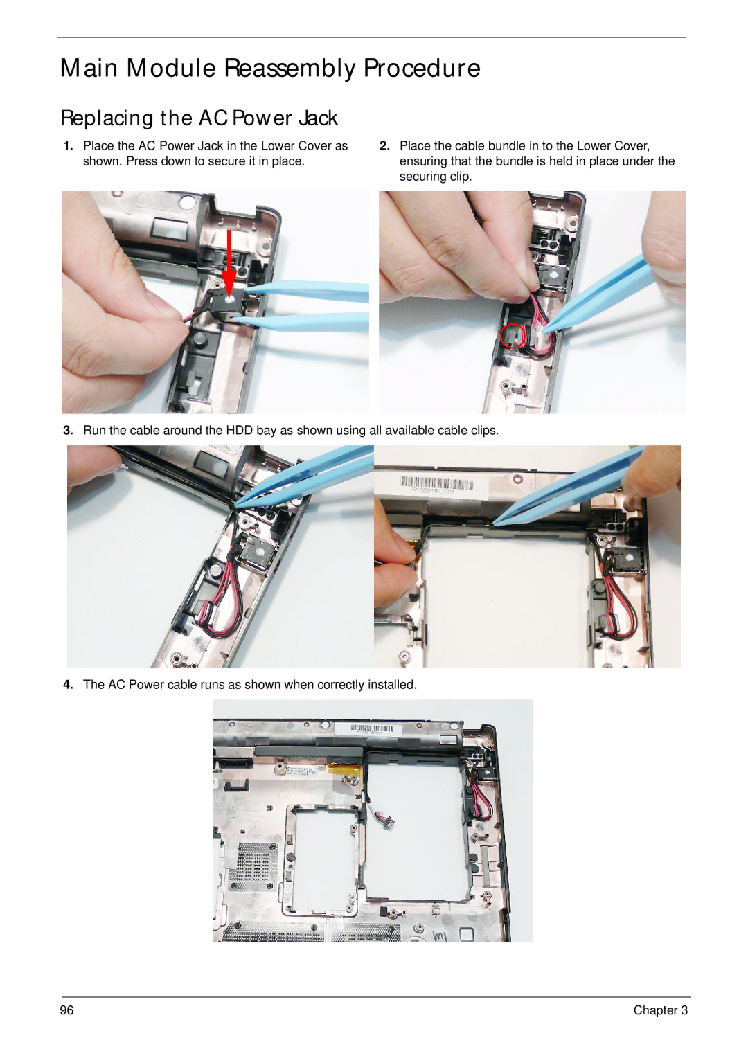 Acer EM250 manual Main Module Reassembly Procedure, Replacing the AC Power Jack 