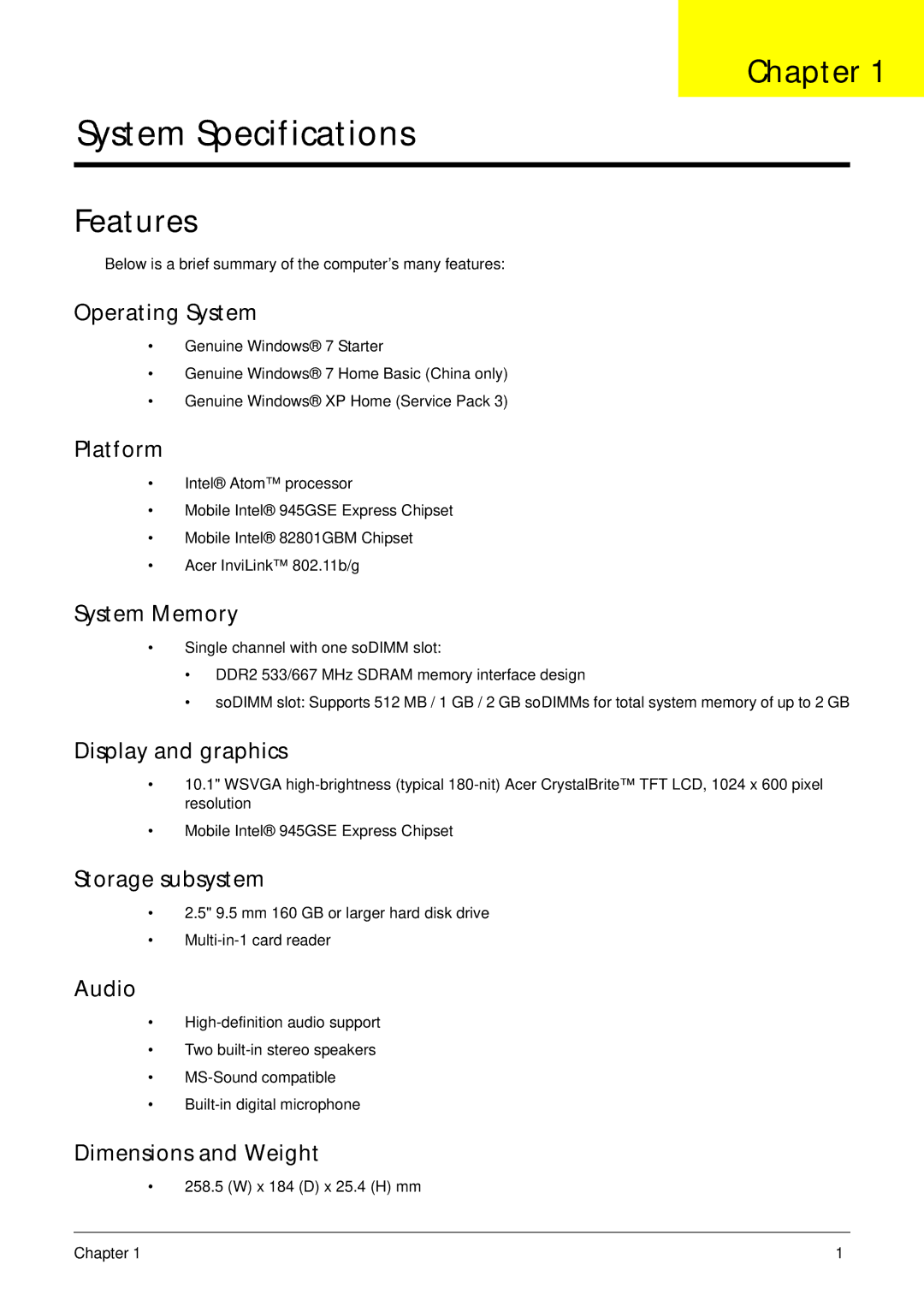 Acer EM250 manual Chapter, Features 