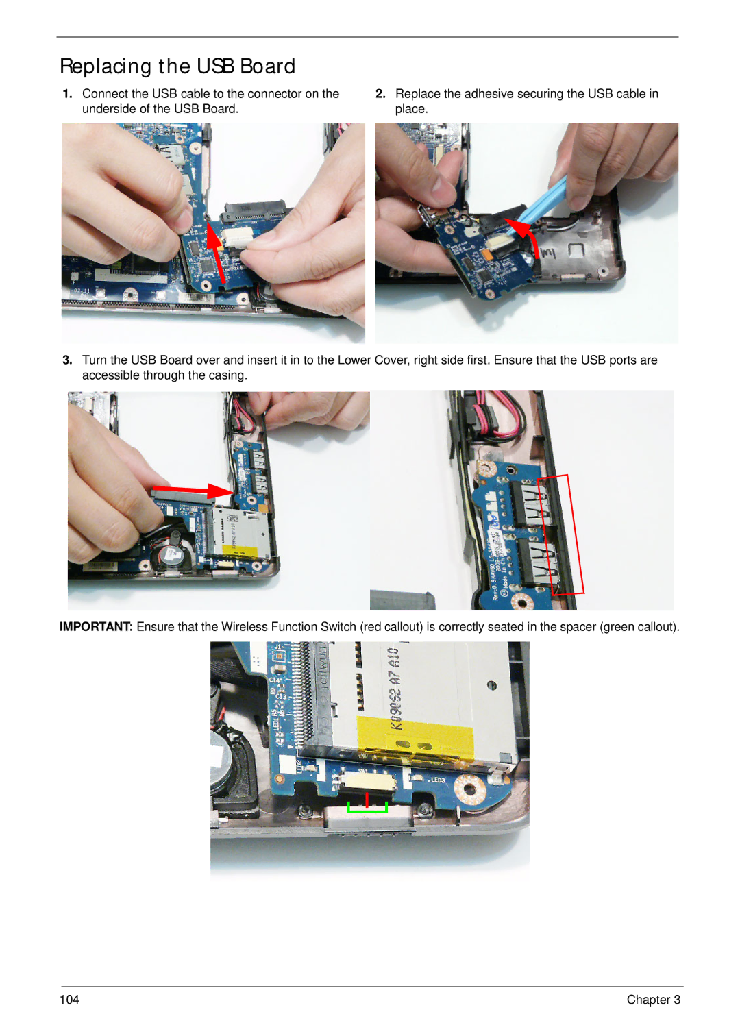 Acer EM250 manual Replacing the USB Board 