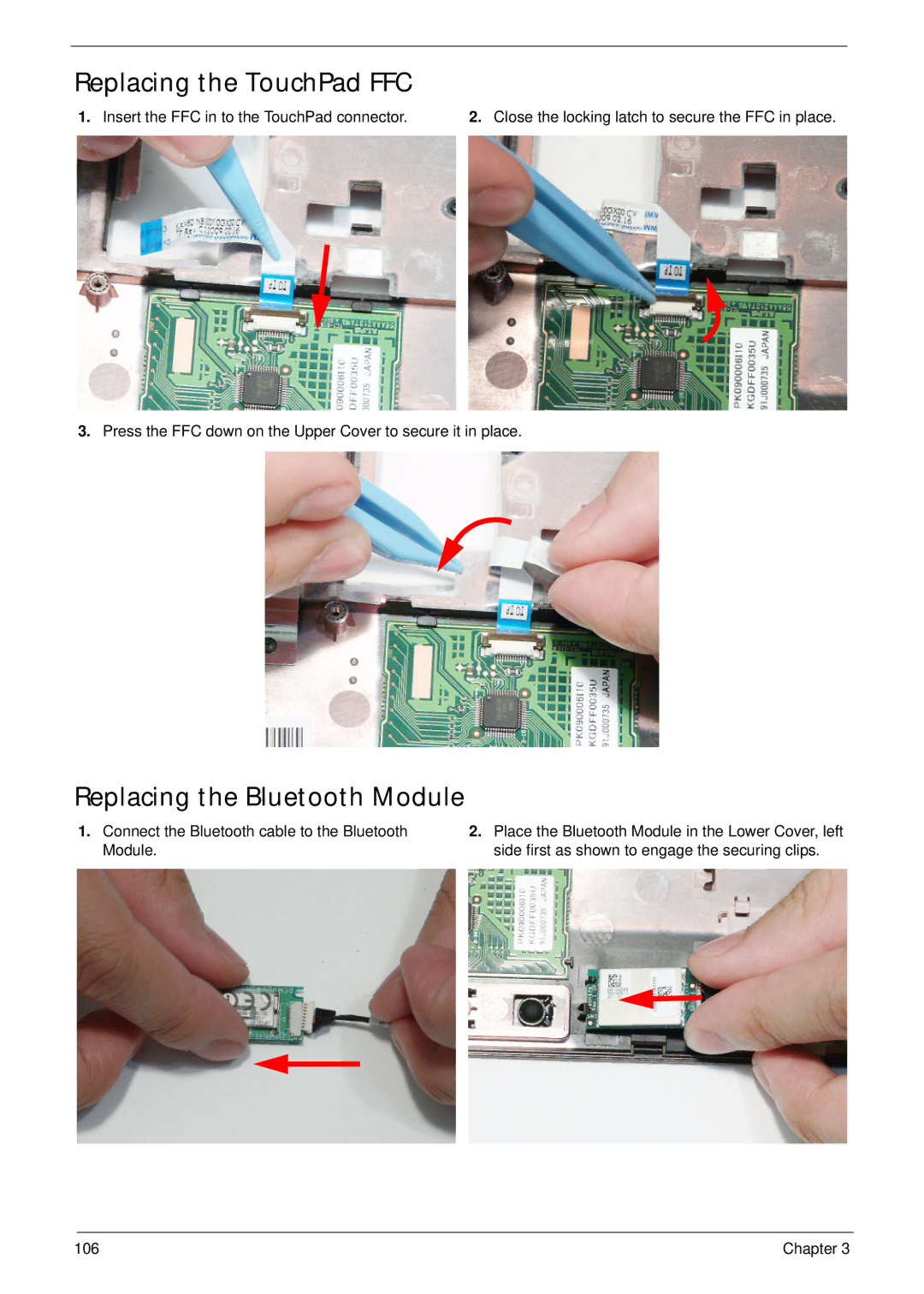 Acer EM250 manual Replacing the TouchPad FFC, Replacing the Bluetooth Module 