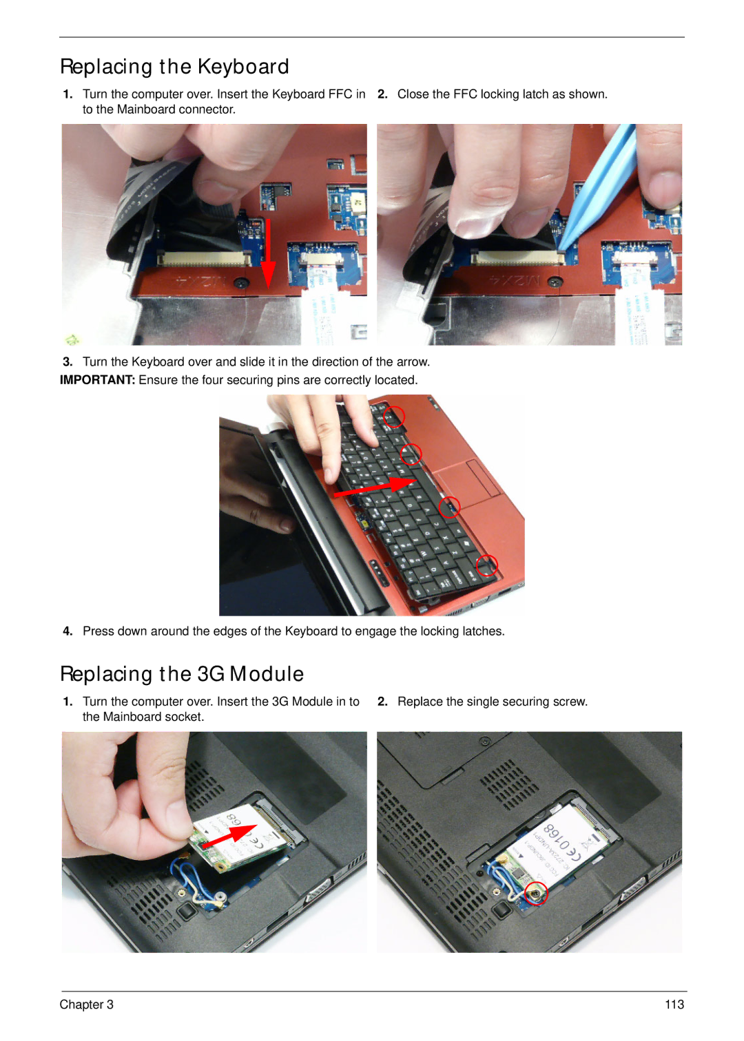 Acer EM250 manual Replacing the Keyboard, Replacing the 3G Module 