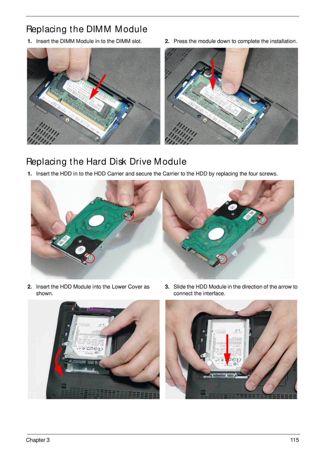 Acer EM250 manual Replacing the Dimm Module, Replacing the Hard Disk Drive Module 