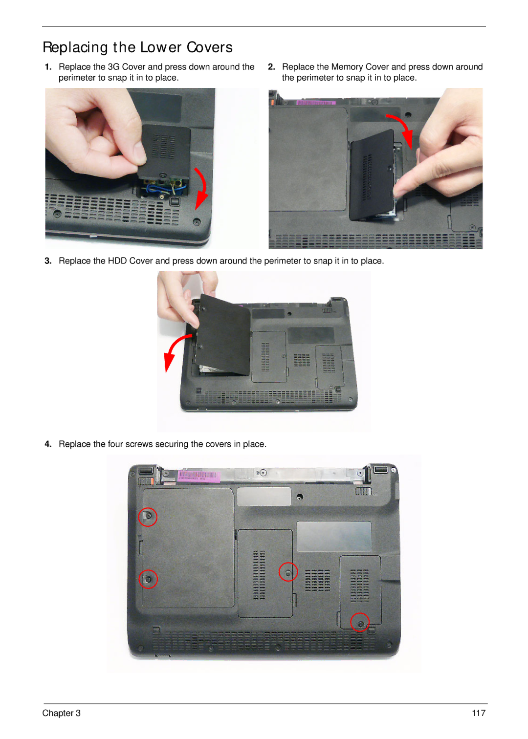 Acer EM250 manual Replacing the Lower Covers 