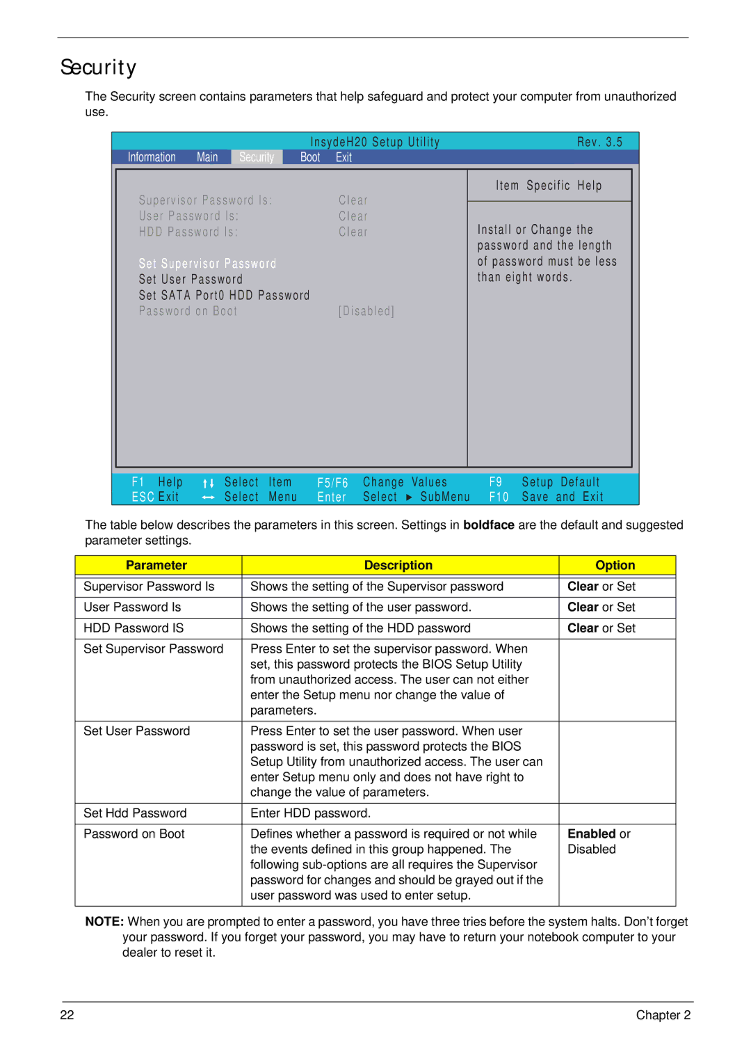 Acer EM250 manual Security, Parameter Description Option, Clear or Set, Enabled or 