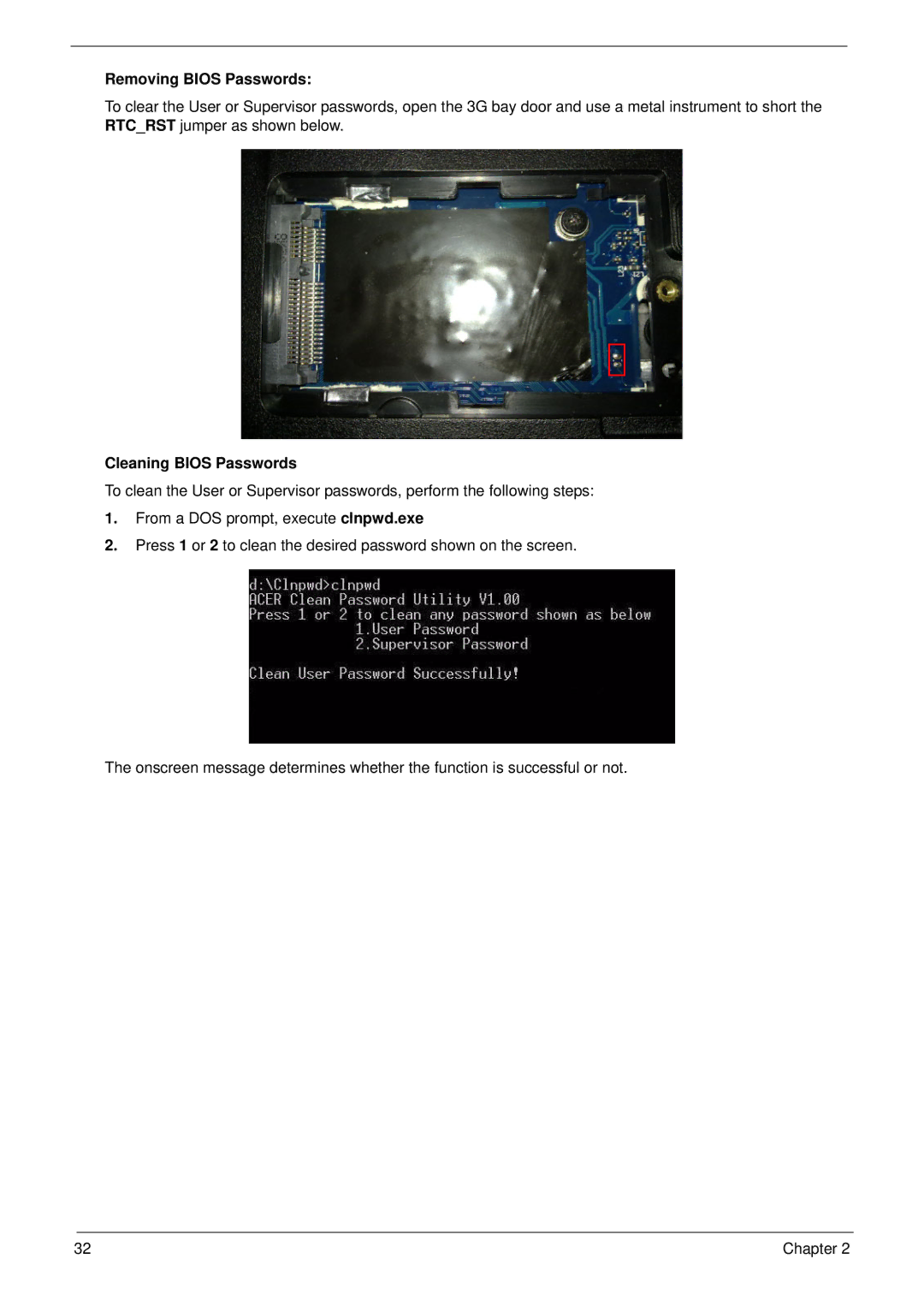 Acer EM250 manual Removing Bios Passwords, Cleaning Bios Passwords 
