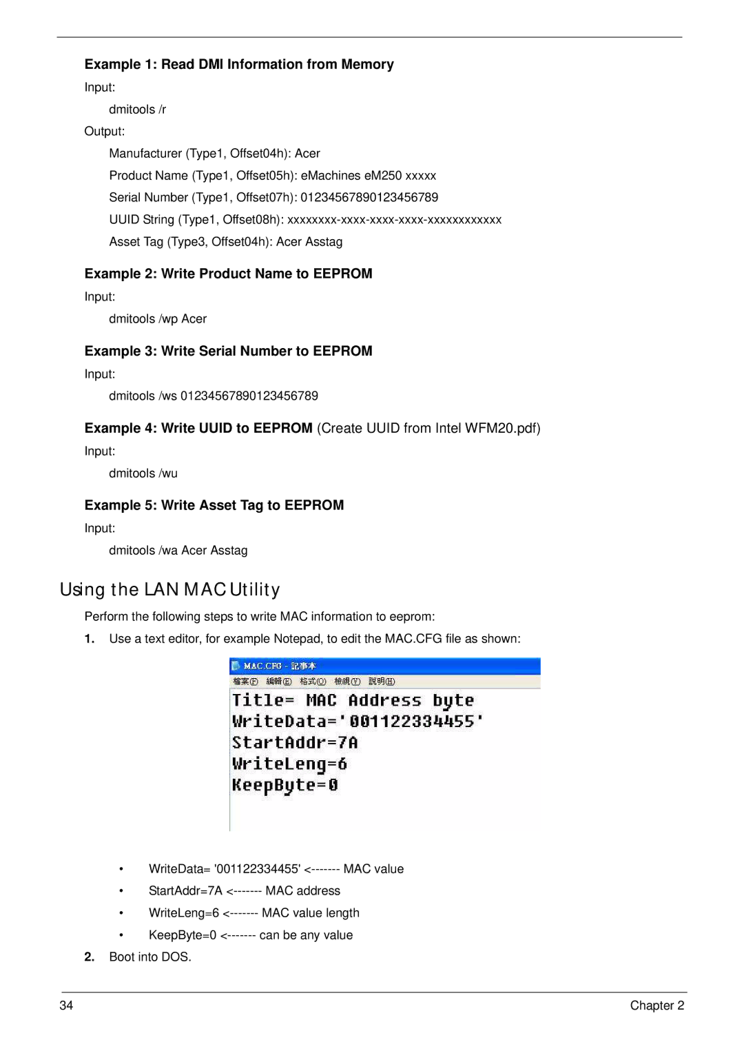 Acer EM250 manual Using the LAN MAC Utility, Example 1 Read DMI Information from Memory 