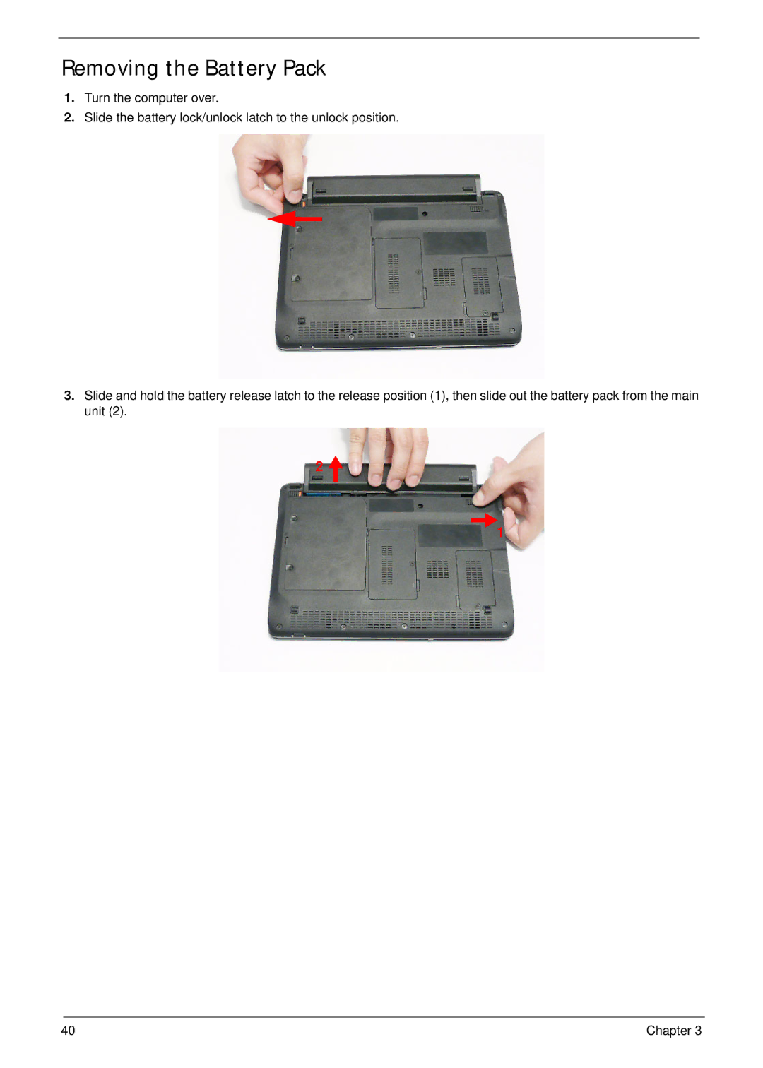 Acer EM250 manual Removing the Battery Pack 