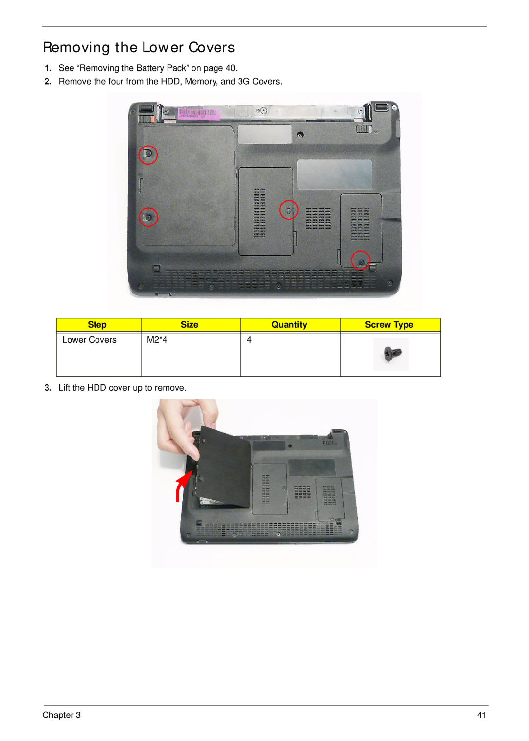 Acer EM250 manual Removing the Lower Covers, Step Size Quantity Screw Type Lower Covers M2*4 