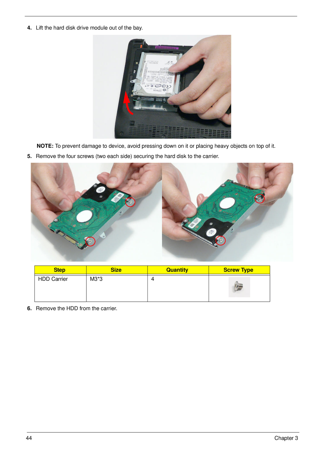 Acer EM250 manual Step Size Quantity Screw Type HDD Carrier M3*3 