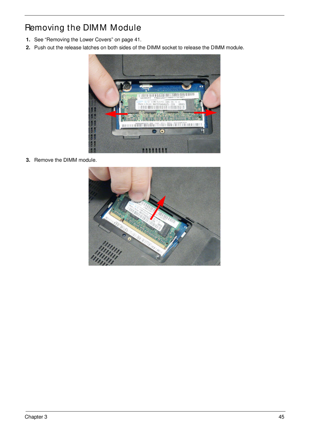 Acer EM250 manual Removing the Dimm Module 