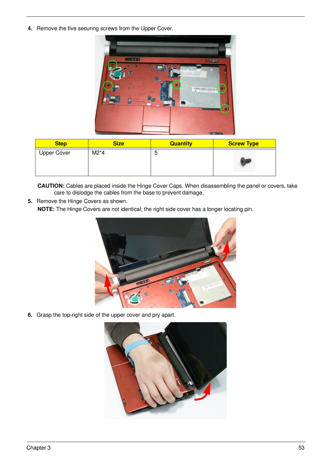 Acer EM250 manual Step Size Quantity Screw Type Upper Cover M2*4 