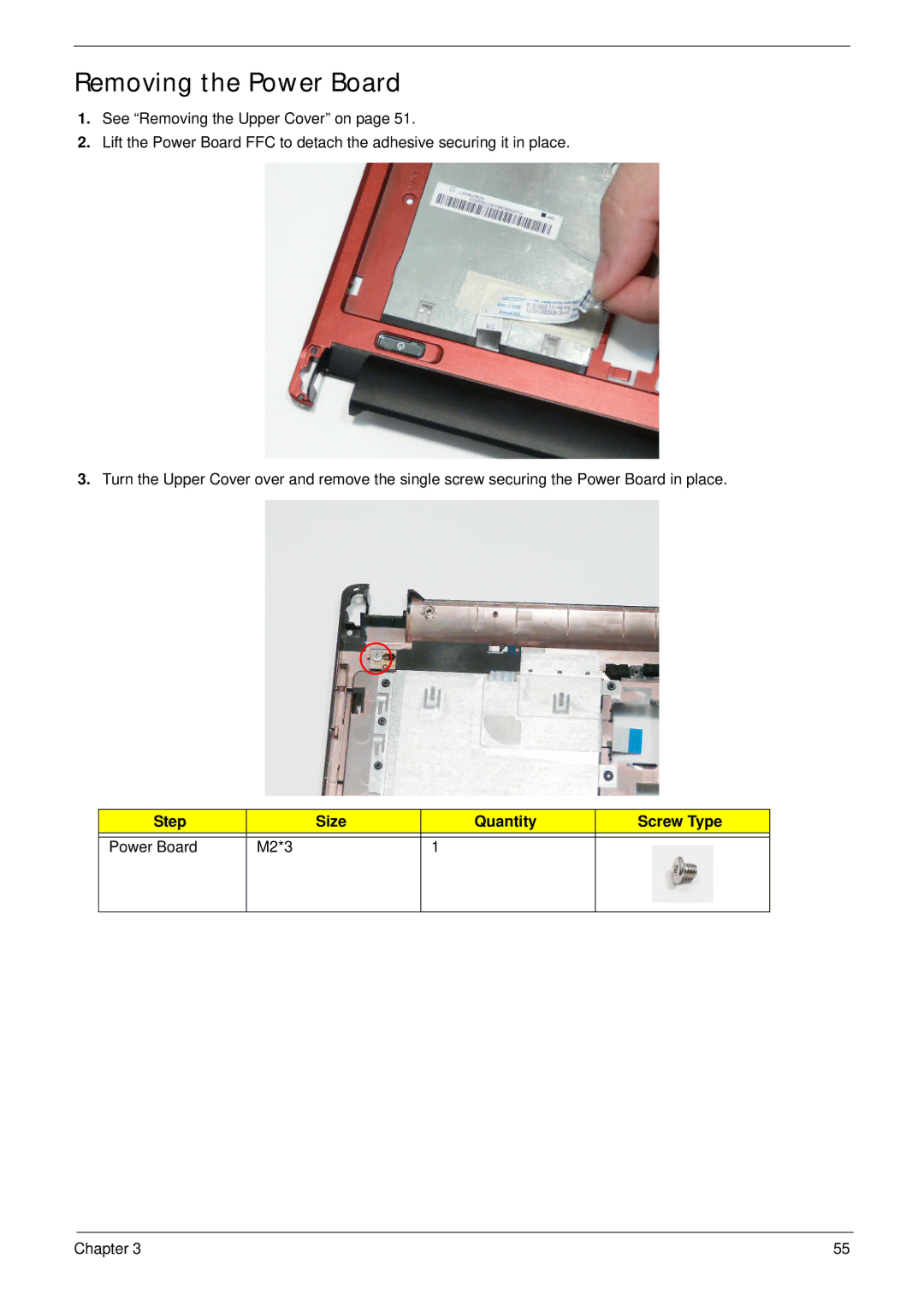 Acer EM250 manual Removing the Power Board, Step Size Quantity Screw Type Power Board M2*3 