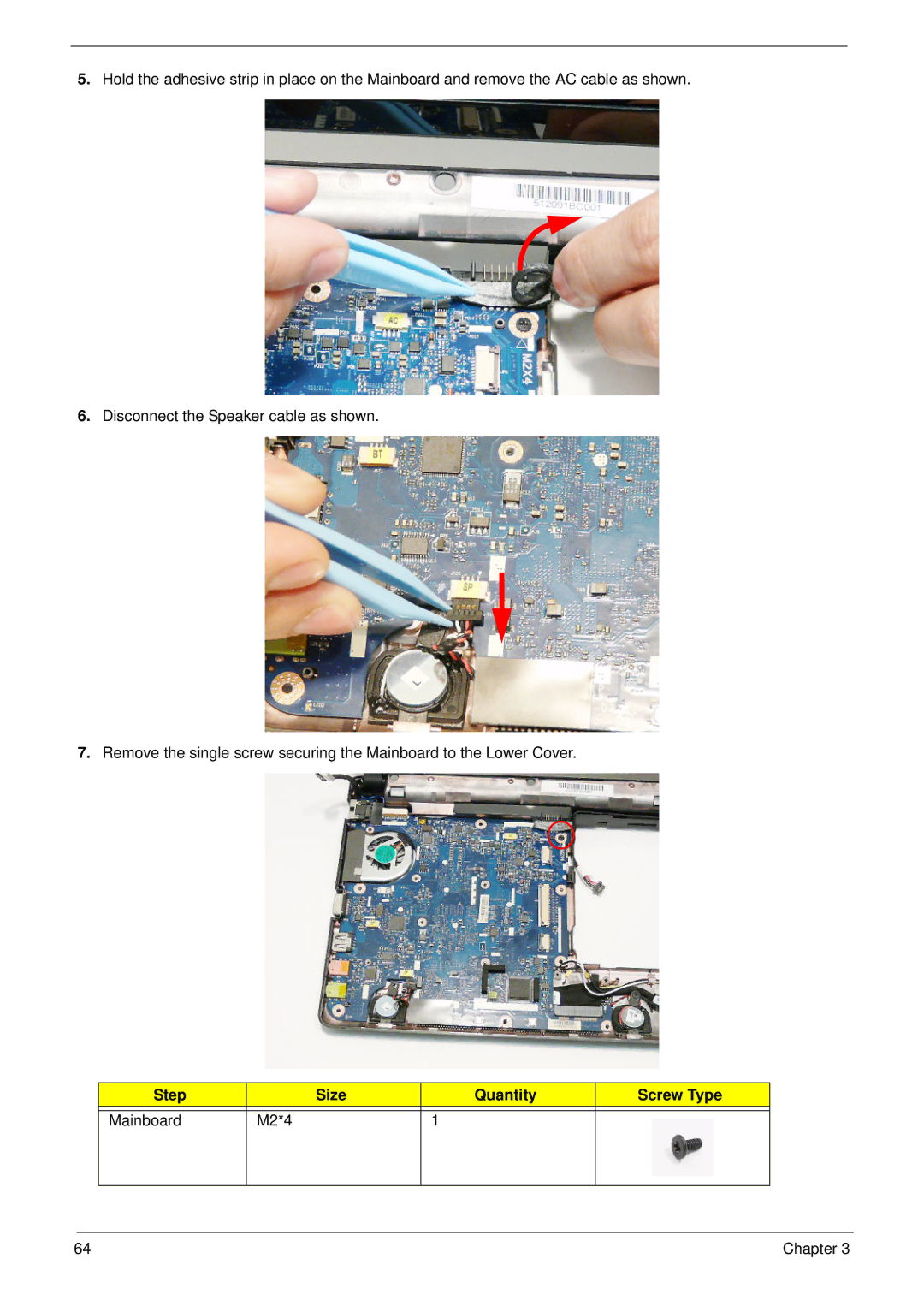 Acer EM250 manual Step Size Quantity Screw Type Mainboard M2*4 