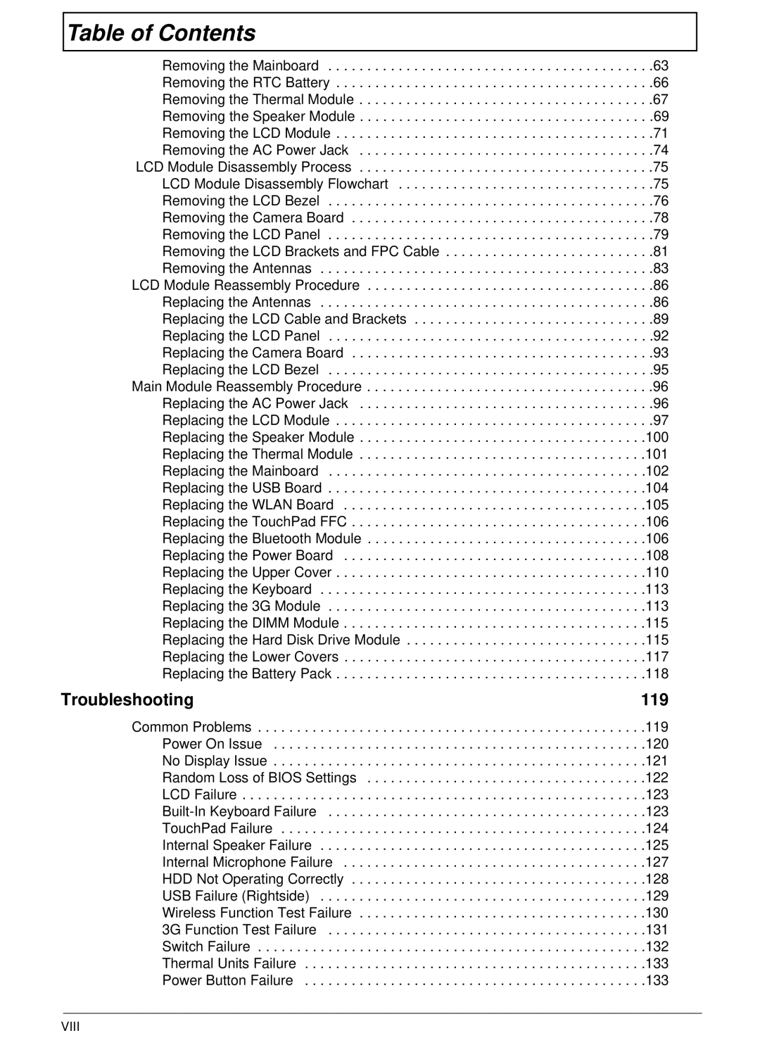 Acer EM250 manual Troubleshooting 119, Viii 