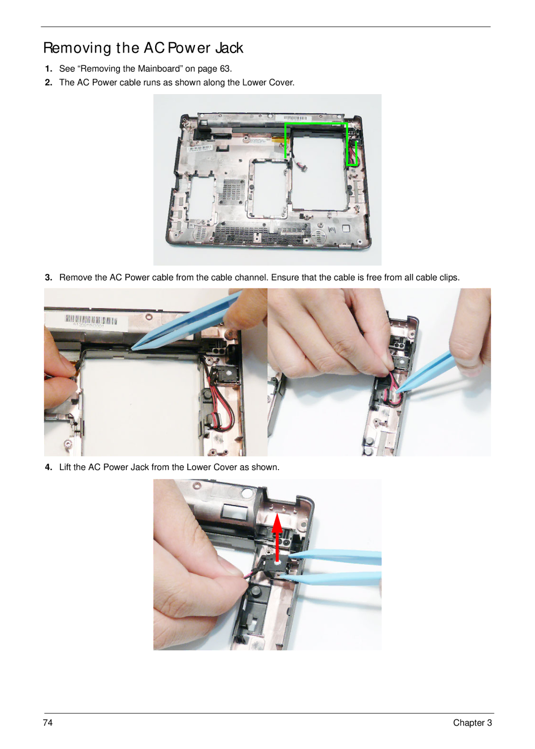 Acer EM250 manual Removing the AC Power Jack 