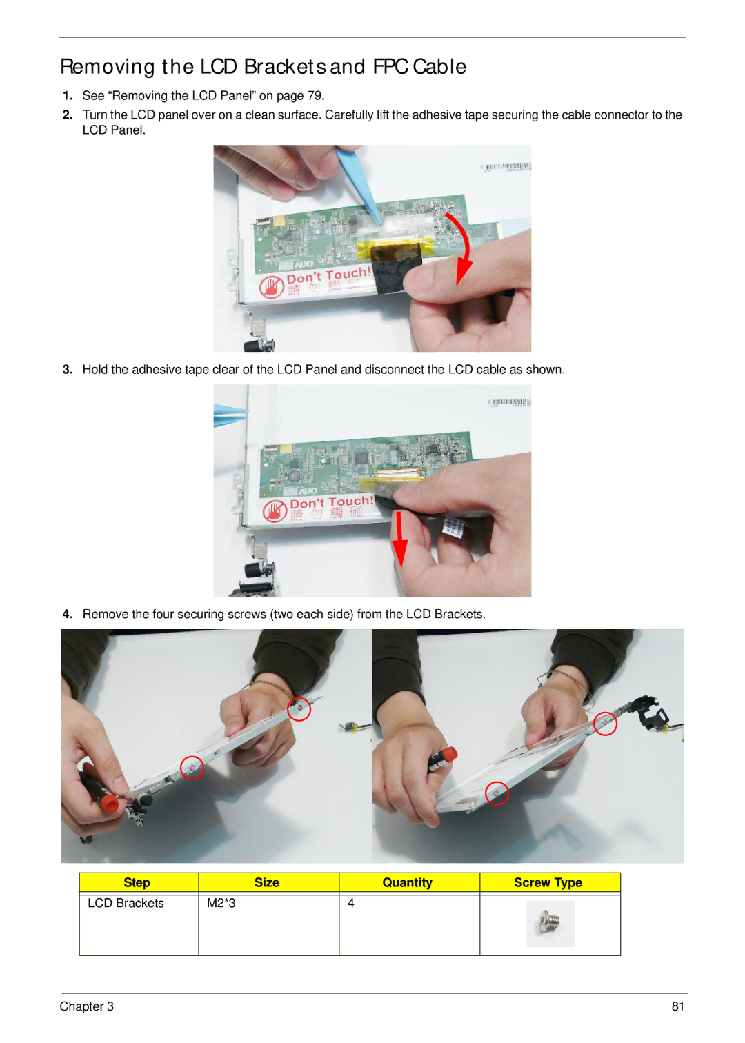 Acer EM250 manual Removing the LCD Brackets and FPC Cable, Step Size Quantity Screw Type LCD Brackets M2*3 