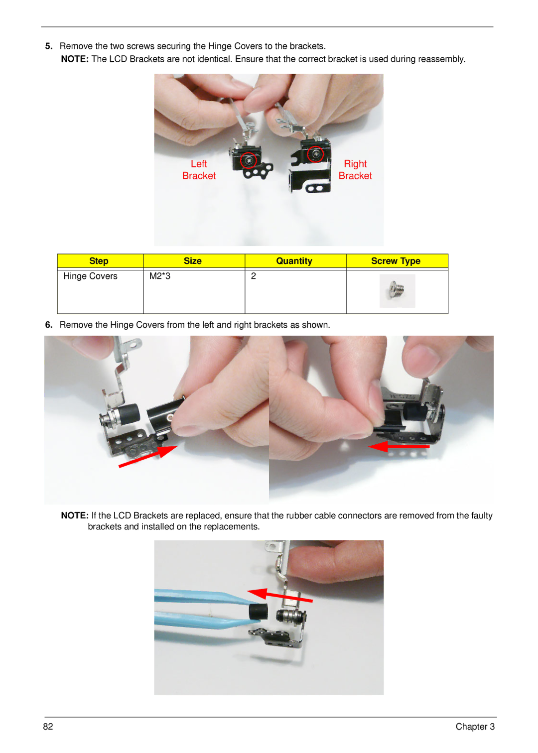 Acer EM250 manual Left Right Bracket, Step Size Quantity Screw Type Hinge Covers M2*3 