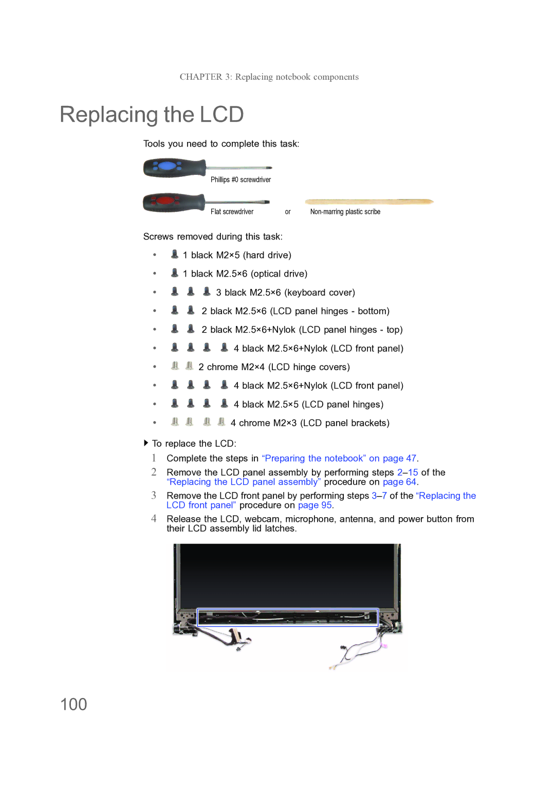 Acer ENTJ78, ENTJ77, ENTJ75, ENTJ76 manual Replacing the LCD, 100 