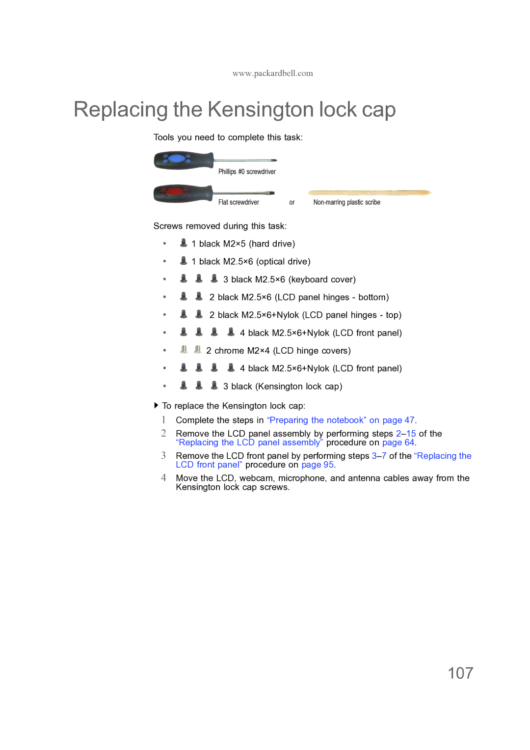 Acer ENTJ75, ENTJ77, ENTJ78, ENTJ76 manual Replacing the Kensington lock cap, 107 