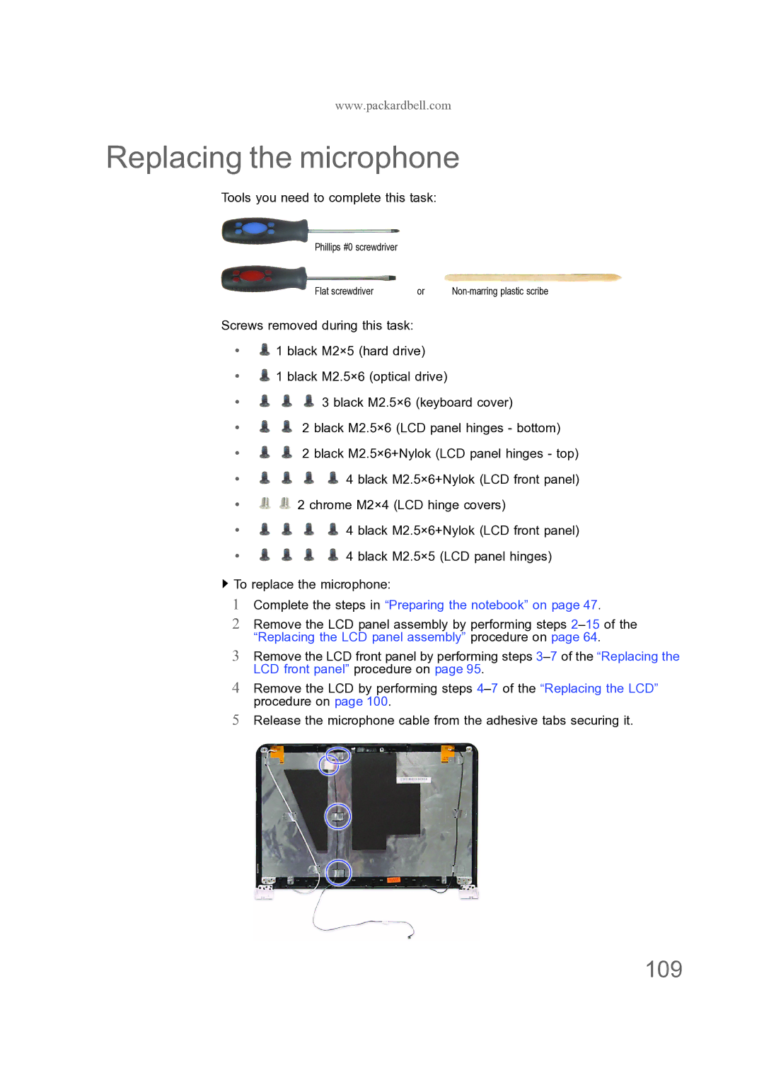 Acer ENTJ76, ENTJ77, ENTJ75, ENTJ78 manual Replacing the microphone, 109 