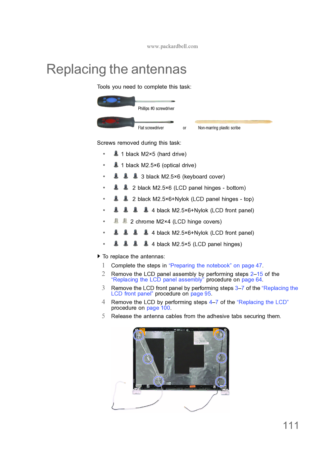 Acer ENTJ75, ENTJ77, ENTJ78, ENTJ76 manual Replacing the antennas, 111 