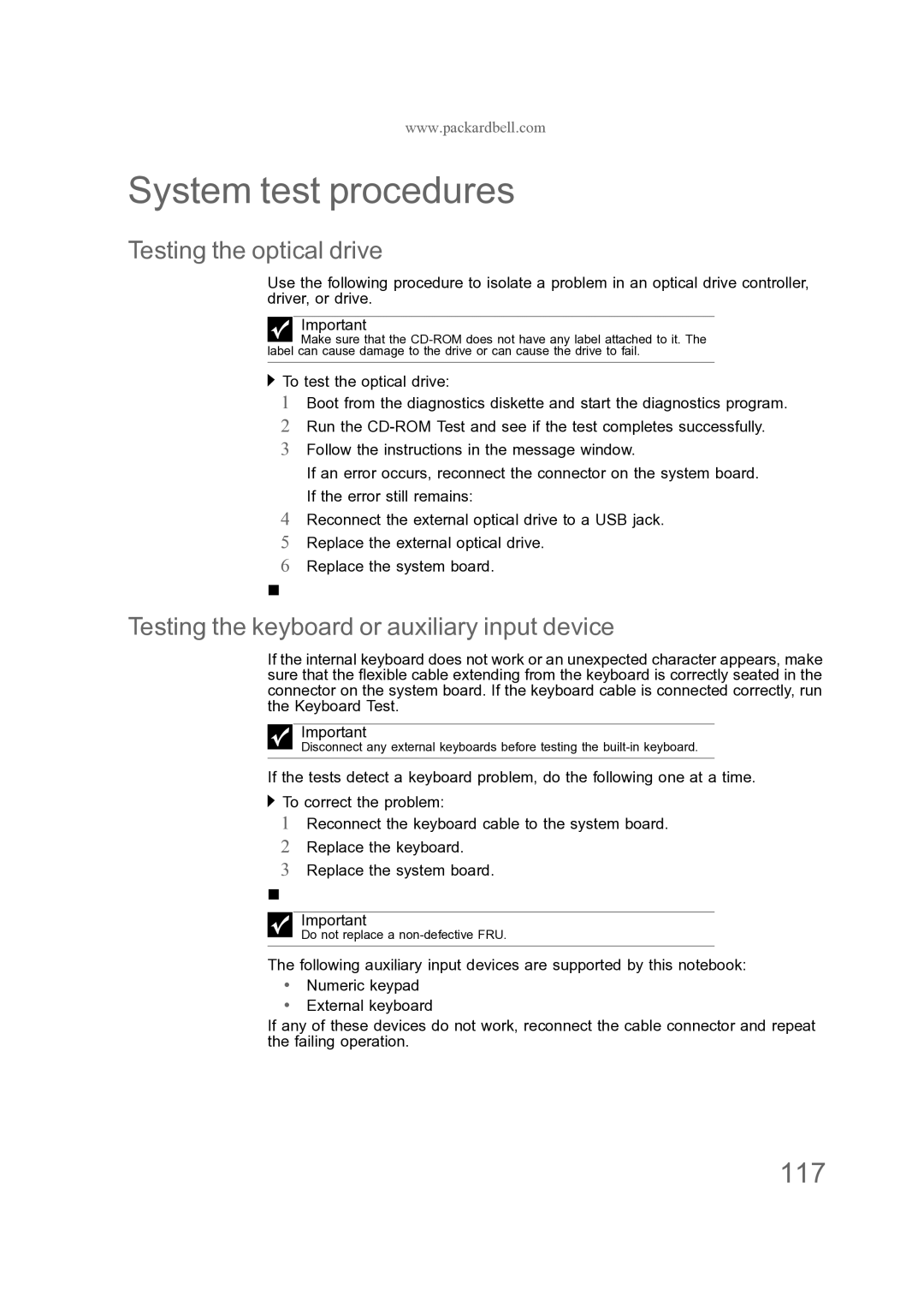 Acer ENTJ76, ENTJ77 System test procedures, 117, Testing the optical drive, Testing the keyboard or auxiliary input device 