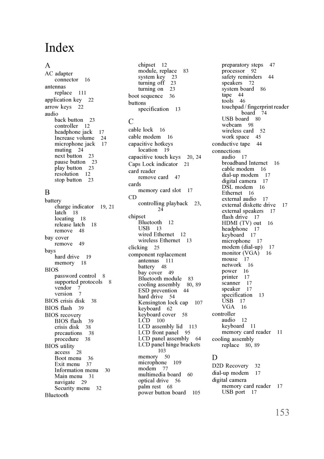 Acer ENTJ76, ENTJ77, ENTJ75, ENTJ78 manual Index 