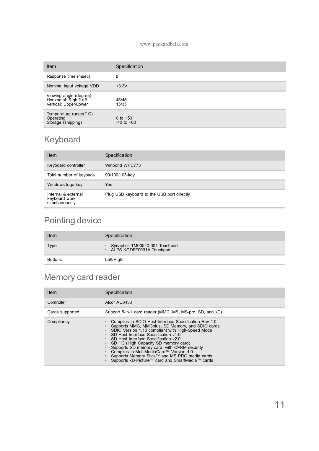 Acer ENTJ75, ENTJ77, ENTJ78, ENTJ76 manual Keyboard, Pointing device, Memory card reader 