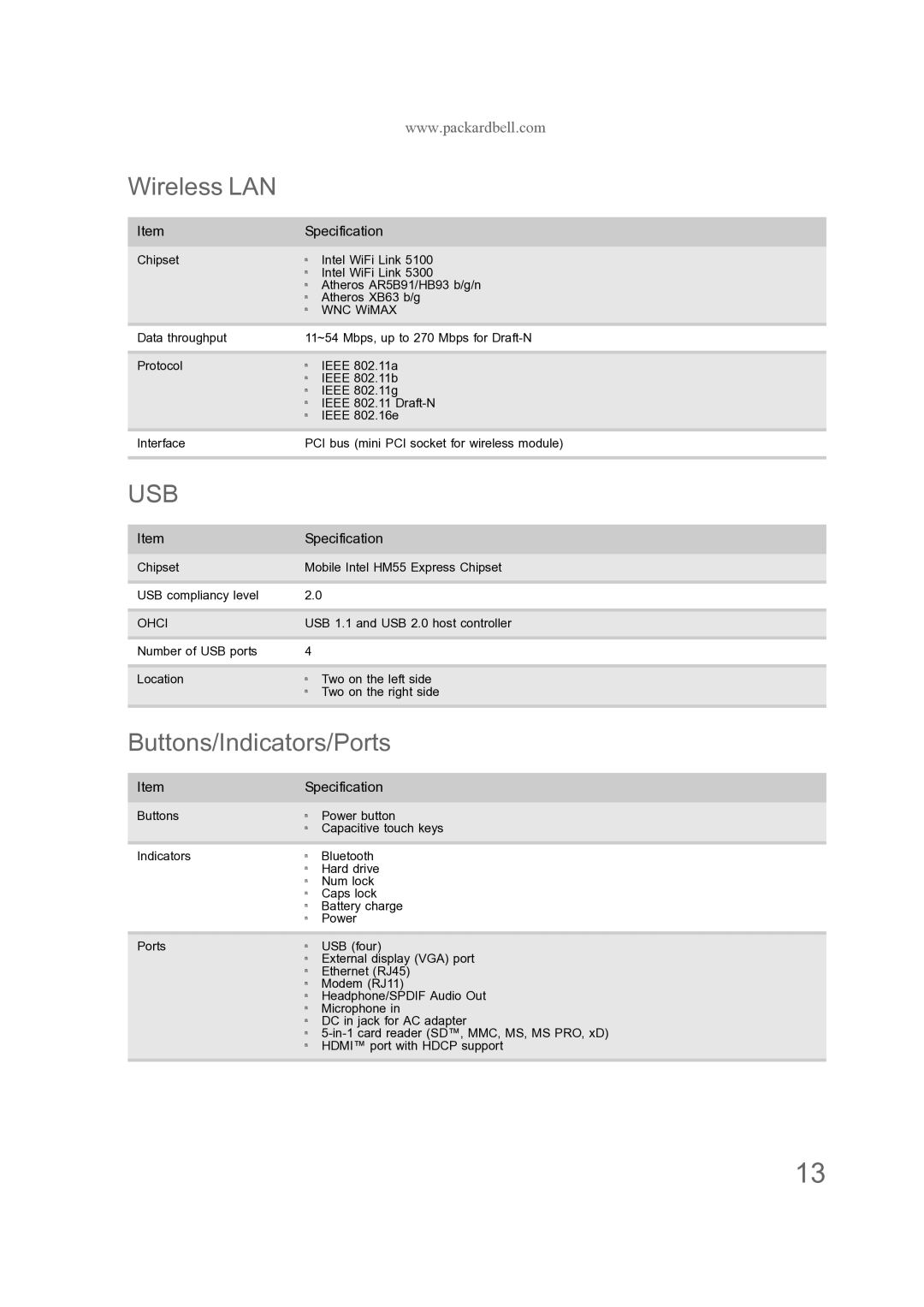 Acer ENTJ76, ENTJ77, ENTJ75, ENTJ78 manual Wireless LAN, Buttons/Indicators/Ports 