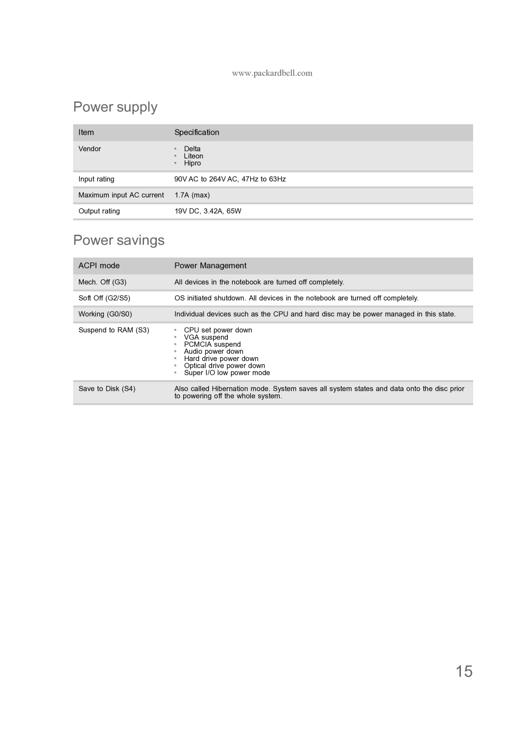 Acer ENTJ75, ENTJ77, ENTJ78, ENTJ76 manual Power supply, Power savings, Acpi mode Power Management 