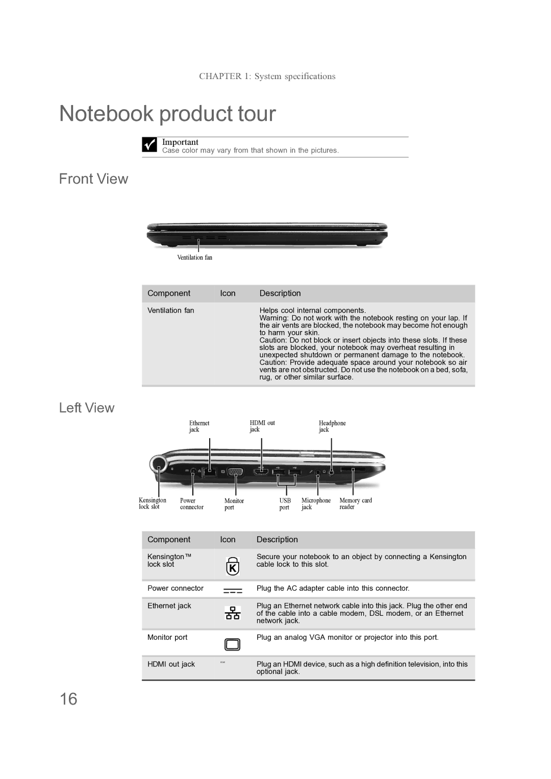 Acer ENTJ78, ENTJ77, ENTJ75, ENTJ76 manual Front View, Component Icon Description 