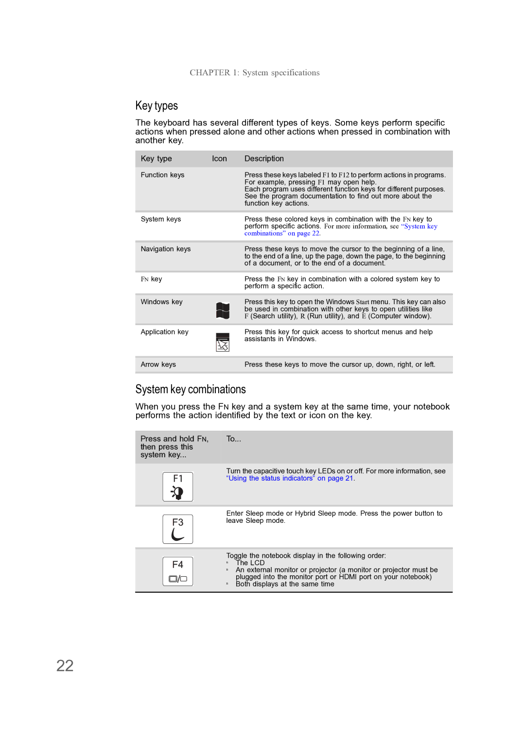 Acer ENTJ77, ENTJ75, ENTJ78, ENTJ76 manual Key type Icon Description, Press and hold FN Then press this System key 