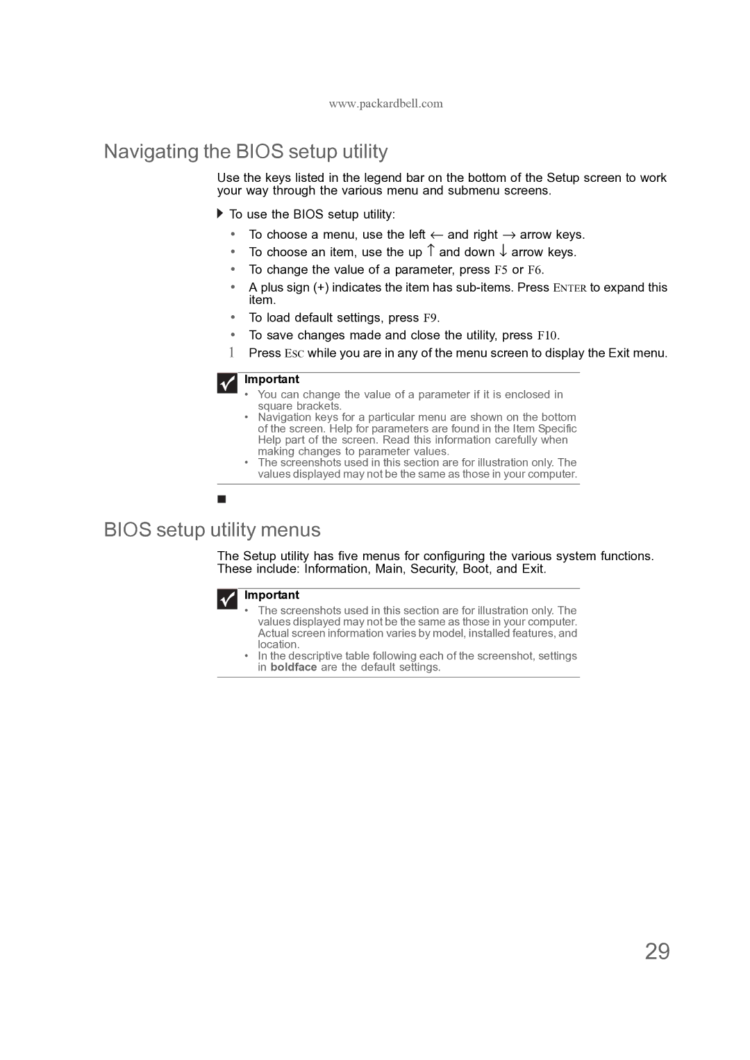 Acer ENTJ76, ENTJ77, ENTJ75, ENTJ78 manual Navigating the Bios setup utility, Bios setup utility menus 