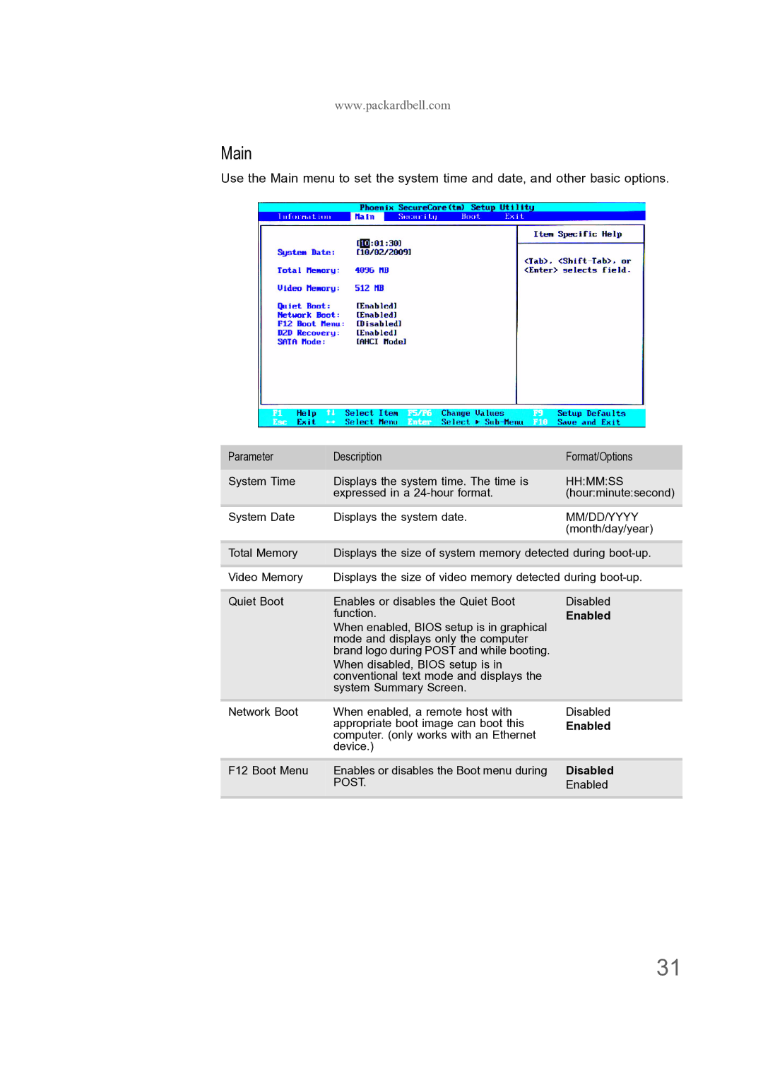 Acer ENTJ75, ENTJ77, ENTJ78, ENTJ76 manual System Time Displays the system time. The time is, Month/day/year, Enabled 