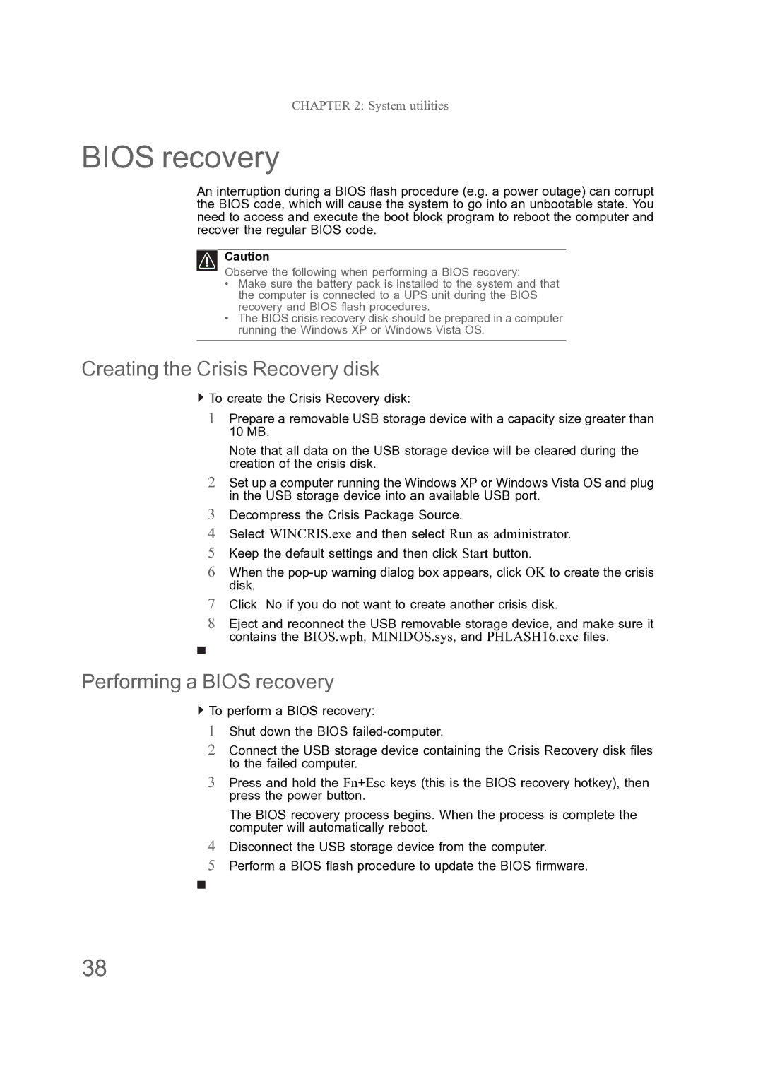 Acer ENTJ77, ENTJ75, ENTJ78, ENTJ76 manual Creating the Crisis Recovery disk, Performing a Bios recovery 